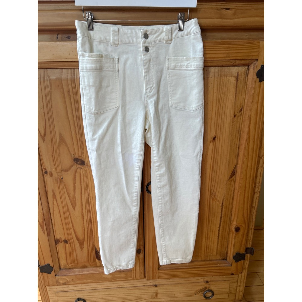Flamingals Womens High Waisted Utility Denim Pants Off White Tapered Leg Pockets